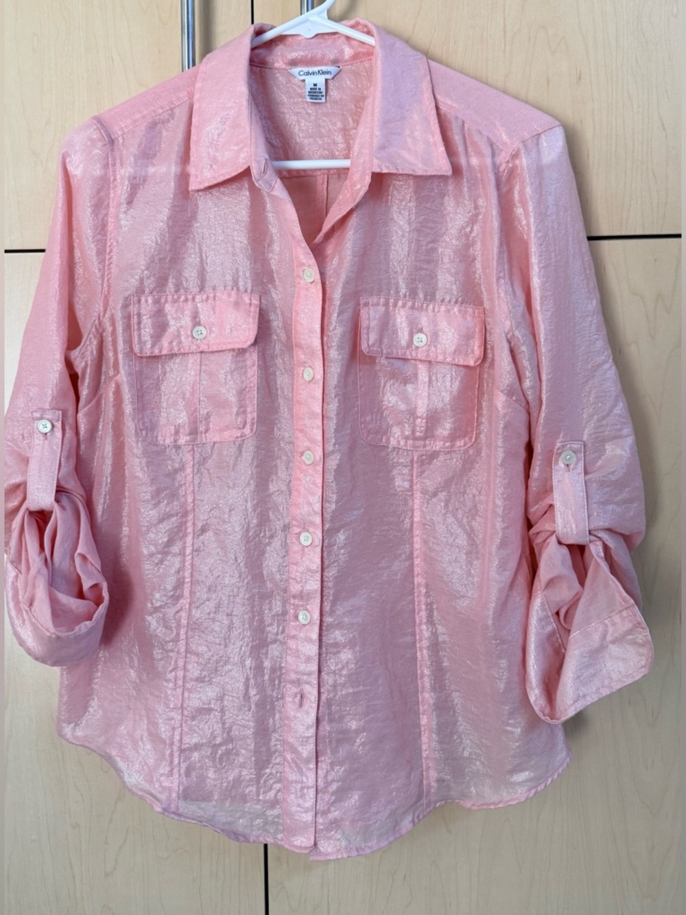 CALVIN KLEIN Shimmery PEACH Button-Down Blouse